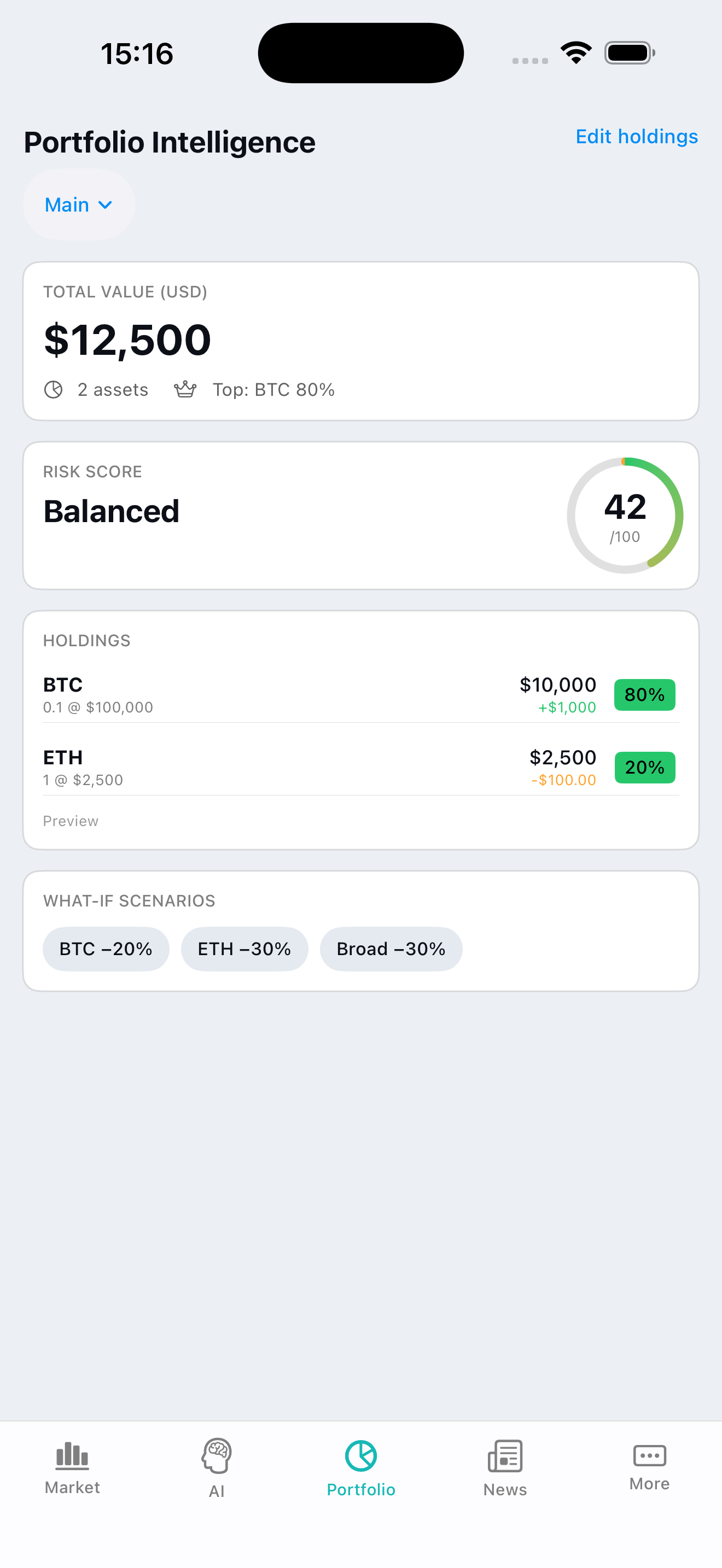 CoinPrice AI portfolio screen